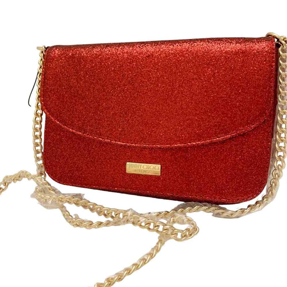 Jimmy Choo festive red glitter chain strap crossbody bag purse